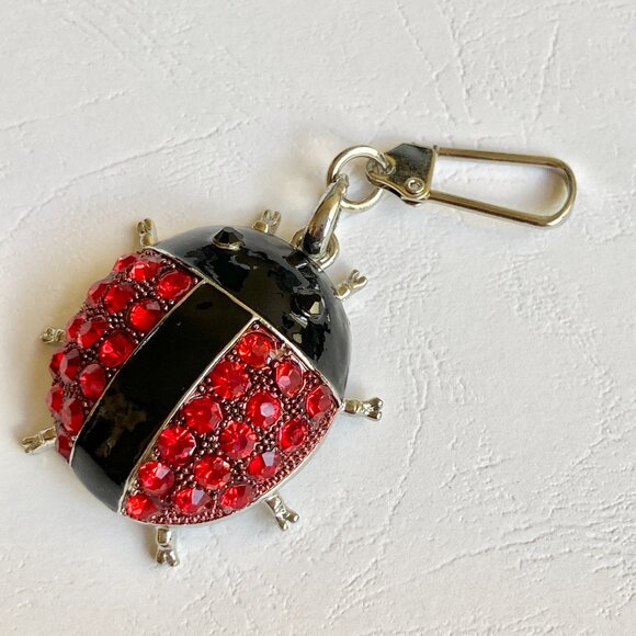 Red Ladybug Keychain Zipper Pull Purse Enamel Charm Backpack Crystal Silver Tone - Picture 5 of 9